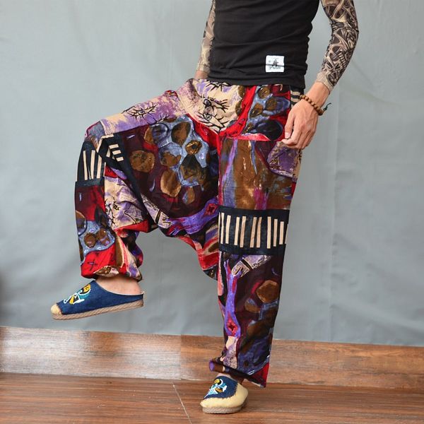 

2019 new summer men yoga pants nepal linen harem loose wide leg crotch pant bloomer male running jogging casual pants sweatpants, White;red