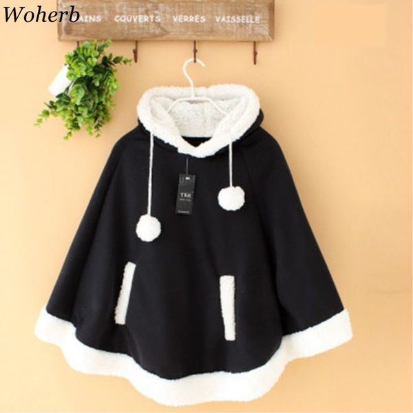 

woherb японского kawaii плащ женщина осень зима капюшон пончо мыс пальто 2019 девушка проложенной симпатичные пуловер мысы femme шаль 23422, Black;brown