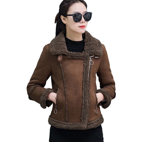 

autumn winter suede leather jacket women lamb wool short motorcycle outwear lady thick warm black pink coat short warm parkas