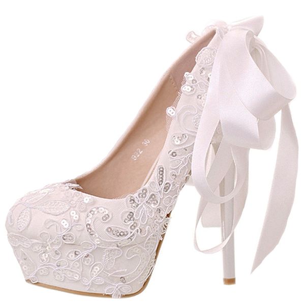 

2019 new white lace sequins bridal shoes round head shallow mouth with wedding shoes bow super high heel women's, Black