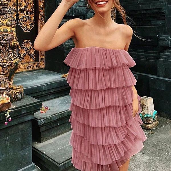 

misswim pink mesh dress women halter sleeveless cake dresses ladies autumn party dress short ruffle vestidos festa 2019 new, Black;gray