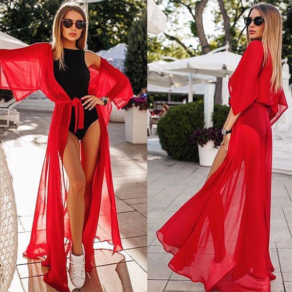 Sexy praia vestido longo verão feminino vermelho robe bikini cobrir túnica chiffon transparente maiô longo beachwear