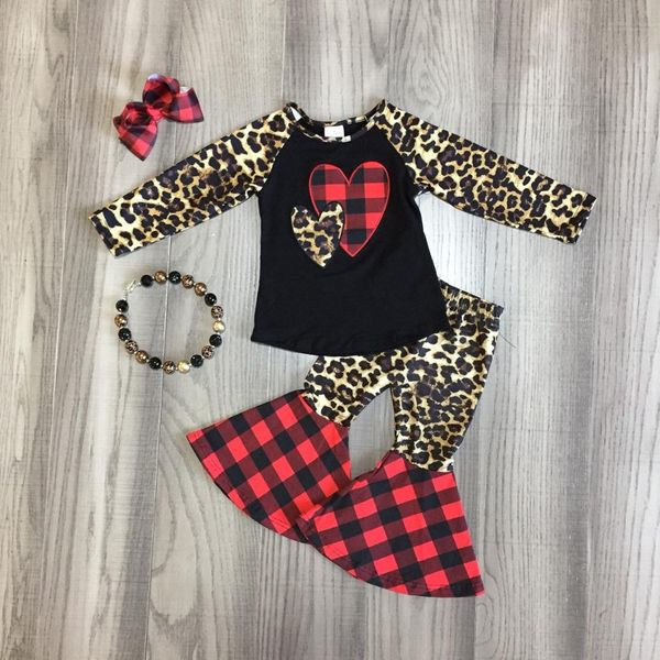 

valentine's day fall/winter outfit children cotton clothes heart-shaped leopard ruffles bell-bottoms pants match accessories, White