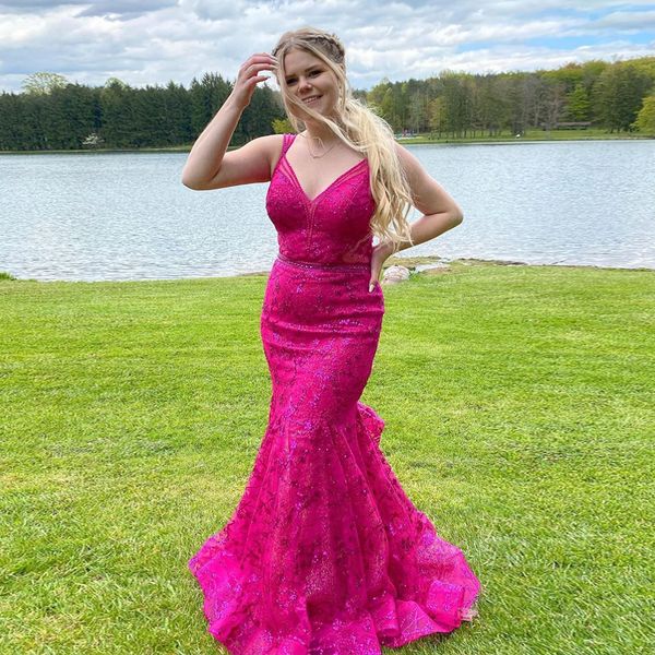 

fuchsia mermaid lace prom dresses beaded v neck sleeveless sequined evening gowns sweep train formal dress, Black