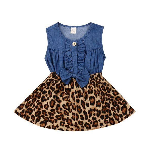 

retro kids girls dresses cute baby girl leopard denim patchwork princess dress summer sleeveless bow party dress sundress 6m-5t, Red;yellow