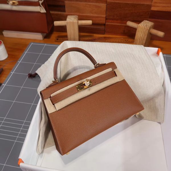 

wholesale handmade with wax line thread brown mini keily bag 19cm,epsom skin,gold silver hardware, fast delivery