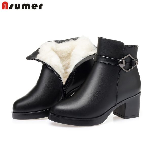 

asumer 2020 new genuine leather boots women round toe keep warm ankle boots round toe zip winter natural sheep wool snow, Black