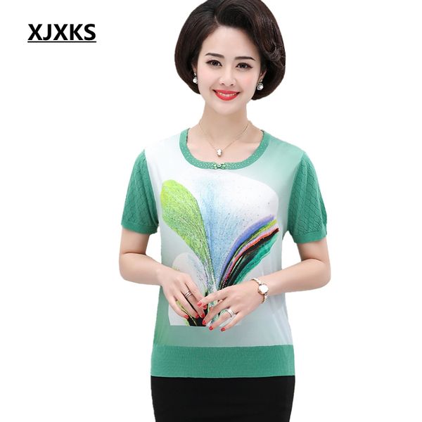 

xjxks middle-aged women clothes 2019 print summer camisas mujer knit tee shirt femme plus size t shirt women, White