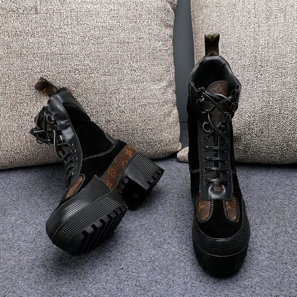 

2019 europe and america martin boots thick bottom leisure heel luxury women's boots high heel women's lace-up short boots single b, Black