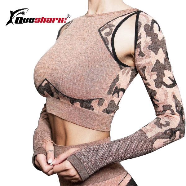 

camo hollow open navel women's tight fast-dry sports long-sleeved fitness yoga crossfit running shirt clothing, White;red
