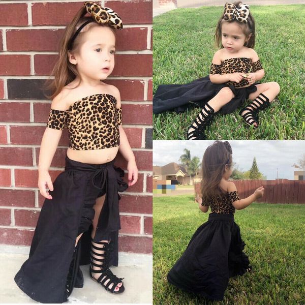 

fashion girls 2-7y summer clothes sets leopard wipe dovetail skirt pants hair band outfits, White