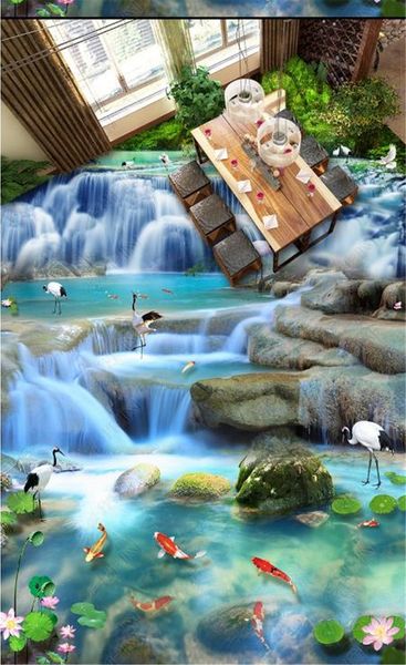 

custom any size 3d mural wallpaper flowing water, wealth, crane, carp, waterfall, 3d, three-dimensional painting indoor floor decorating mur