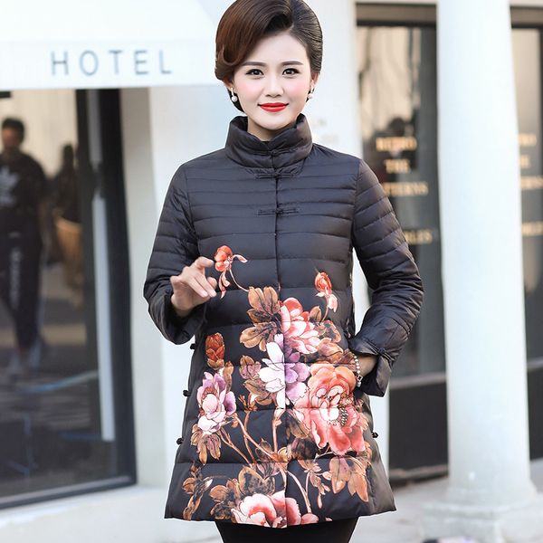 

2019 new style white duck down collar down jacket middle-aged women dress retro mid-length thin warm slim fit-style coat women's, Black;white