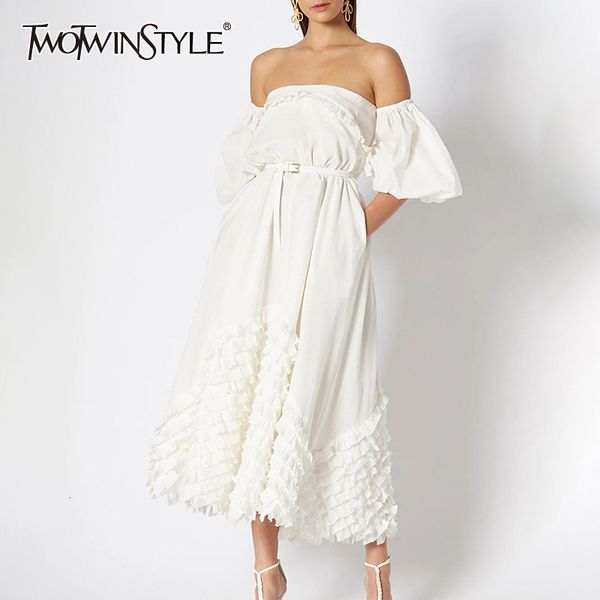 

twotwinstyle повседневная лоскутное оборками платья женские без бретелек фонарь с длинным рукавом высокой талией асимметричное платье женска, Black;gray