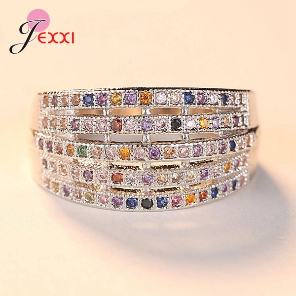 

multilayers wedding band ring for women decoration s925 sterling silver multicolor rainbow cubic zircon mirco inlay bague bijoux, Slivery;golden