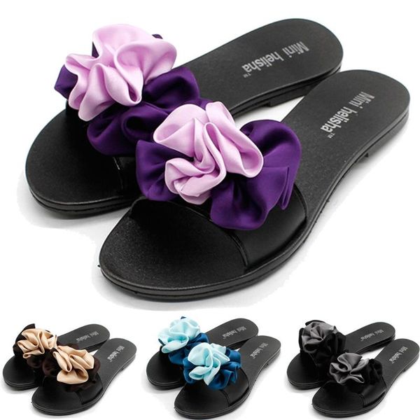

Women Beach Summer Elegant Flat With Slipper Sandals Foral Silk Mix Color Shoes Bow slippers beach sandals summer dropshipping, Black