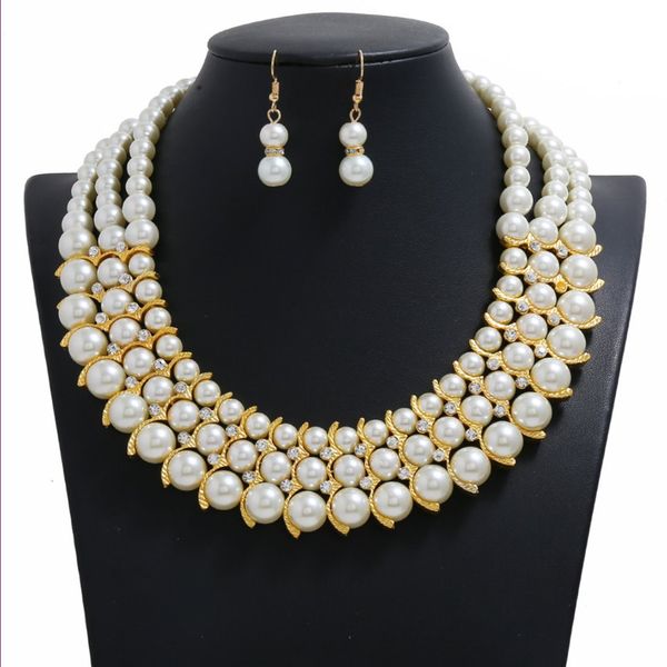 

wholesale 5 set gold plated multi layer imitation pearl pendant necklace earrings for party gift jewelry sets, Silver
