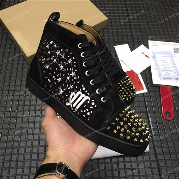 

new luxury designer sneakers mens women casual shoes party dress high-cut studded spikes platforms red bottom trainers shoes sneaker t01, Black