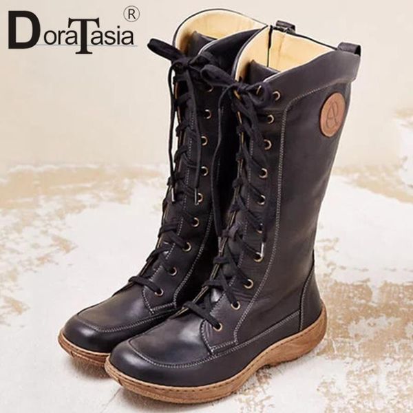 

doratasia new big size 35-43 ladies wedges heel boots casual boots women fashion cross tied zip retro mid calf shoes woman, Black