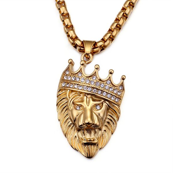

necklace pendant charming pendant gold punk large crown lion king heads rolo chain stainless steel shiny crystals, Silver