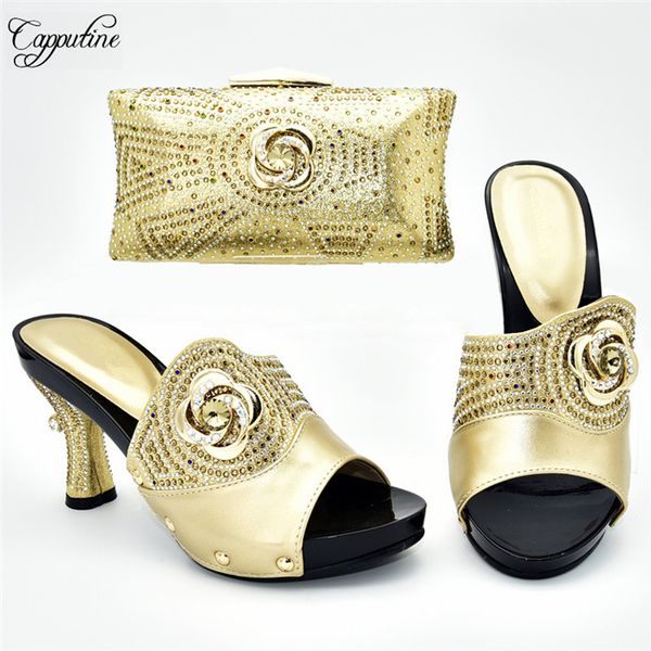 

wonderful gold african slipper shoes and bag set perfect matching for evening dress 388-2, heel height 9cm, Black