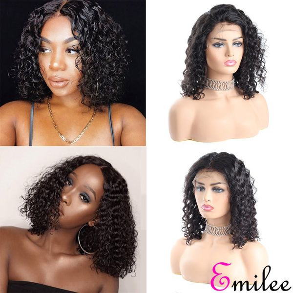 

emilee deep wave half lace bob wig human virgin remy hair short bob wigs 14 inch pre plucked peruvian natural color, Black;brown