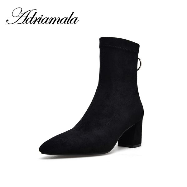 

2018 stretch fabric ladies high heel boots pointed toe round heels zipper motorcycle mid calf boots women fashion adriamala, Black
