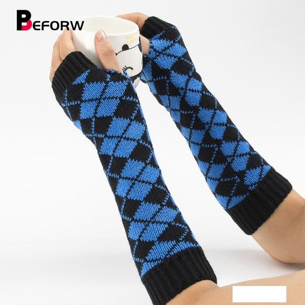 

beforw 2019 new women knitted fingerless gloves arm warmer winter warm half finger long gloves mittens for womens, Blue;gray