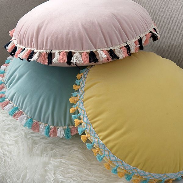 

40x40cm drum shaped velvet plush pillow round tassel pillow cushion stuffed back cushion office children's room lumbar