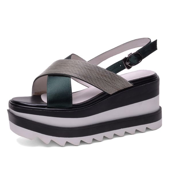 

women platform sandals 9 cm high wedges thick soles buckle pumps summer style party woman shoes box packing, Black