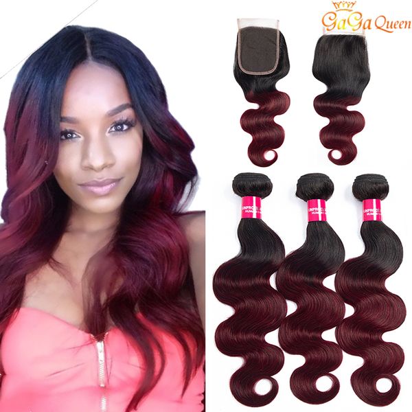 

ombre human hair bundles with closure 1b/99j body wave bundles with 4x4 lace closure raw virgin peruvian hair extension, Black;brown