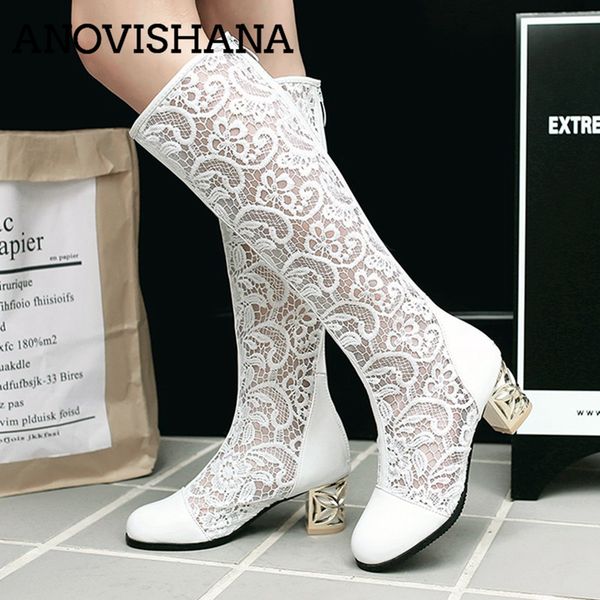 

anovishana ladies breathable air mesh square heels mid heels motorcycle boots white summer flower lace hollow women long boots, Black