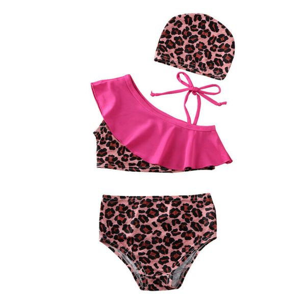 

girl swimwear 2020 summer toddler baby girls leopard ruffle swimwear swimsuit bikini bathing suit hat 3pcs, White