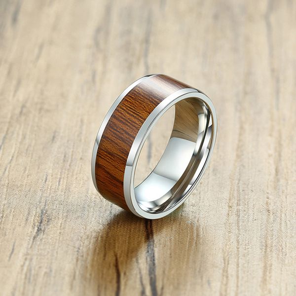 

8mm stainless steel men ring fashion wood paper inlay enamel titanium rings size 7-12 party jewelry gift for friends bague, Silver
