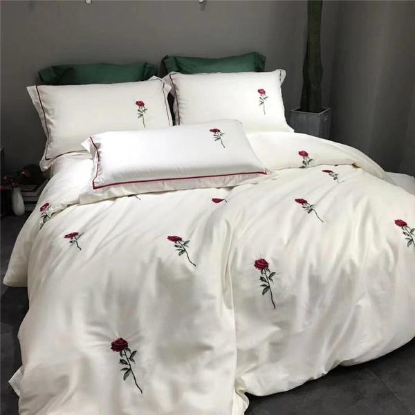 

34white modern style red rose embroidery bedding set blue court style duvet cover bed linen bedsheet pillowcases king  4pcs