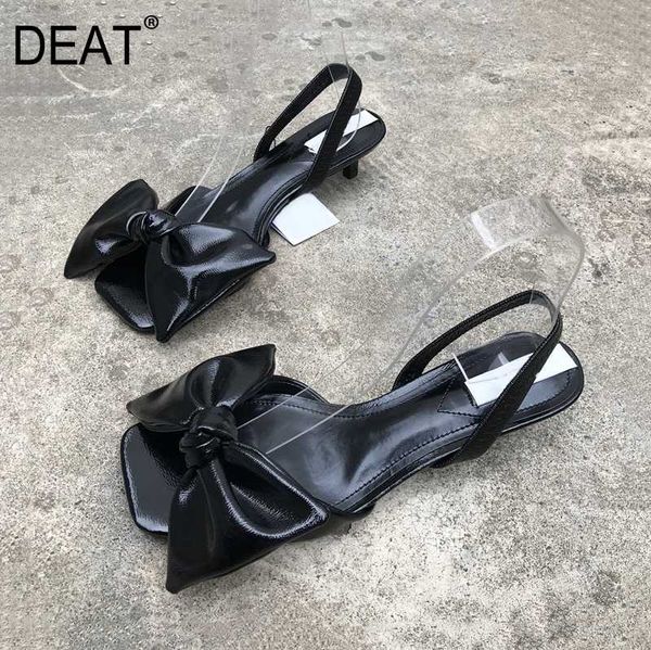 

deat] 2020 new spring summer square toe elastic band bowknot patent leather small heels sandals for women plus size tide 10h456, Black