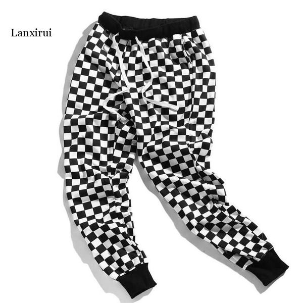 

pants men plaid checkerboard pants fleece thick trousers mens tactical elastic waist fashion joggers sweatpants, Black