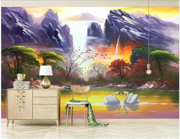 

wdbh custom p mural 3d wallpaper european oil painting idyllic forest swan scenery 3d wall mural wallpaper for living room