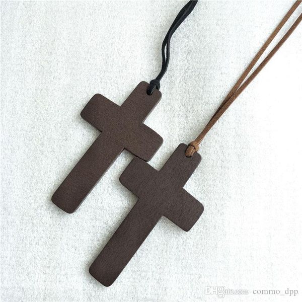 

new simple wooden cross necklaces for women wood crucifix pendant with black brown string rope long chains fashion jewelry in bulk, Silver