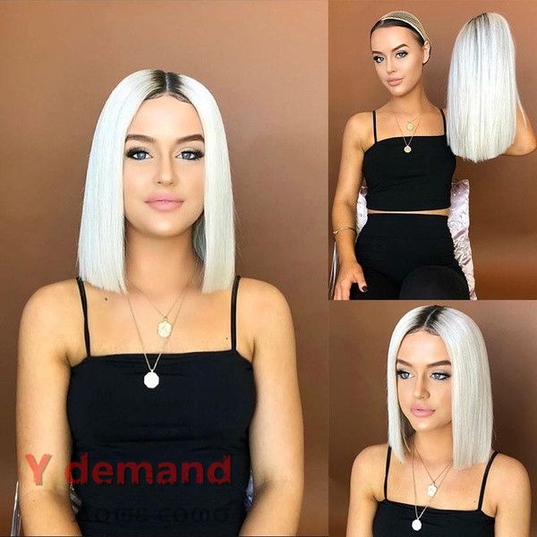 

bob ombre white straight none lace wigs medium part hair 180% density heat resistant synthetic wigs 14inch short wigs for black women