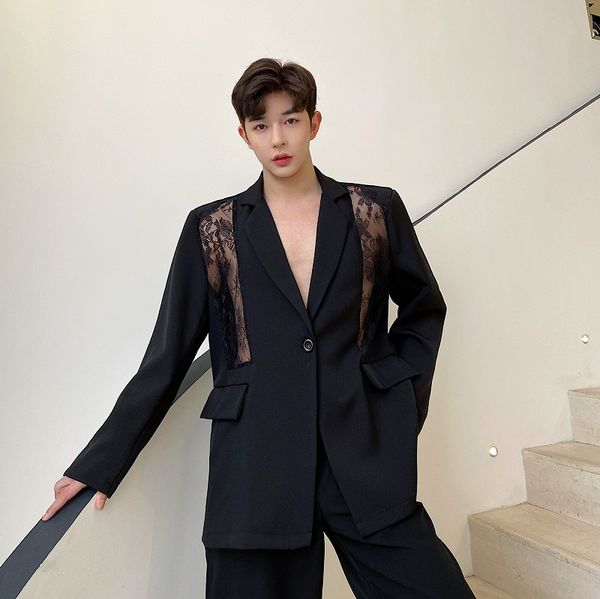 

men's suits & blazers men hollow lace splice casual suit jacket stage fashion show male women loose blazer coat outerwear, White;black