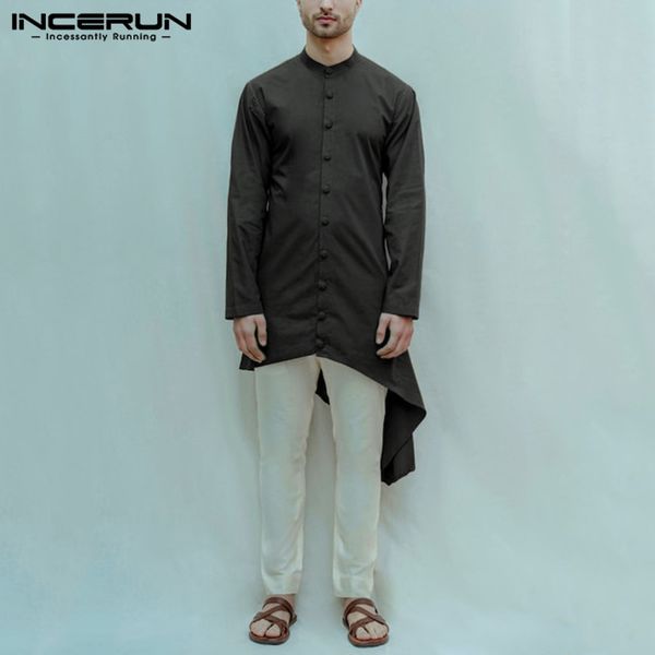 

2020 fashion men vintage long shirts casual long sleeve stand collar blouse man retro solid color irregular muslim kaftan camisa, White;black