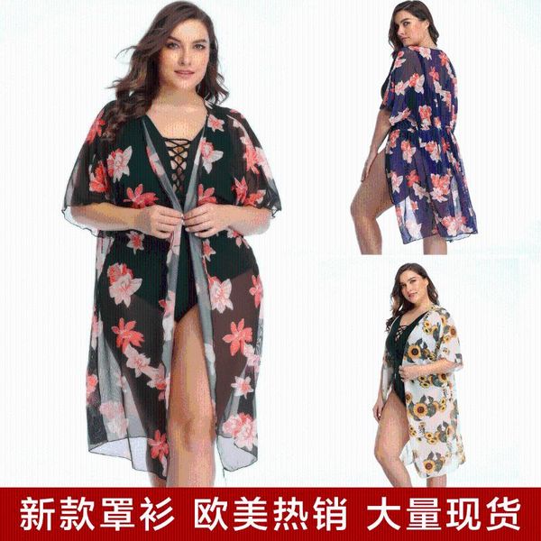 

2020 new women blouse mesh printing long beachwear blouse swimwear cover ups