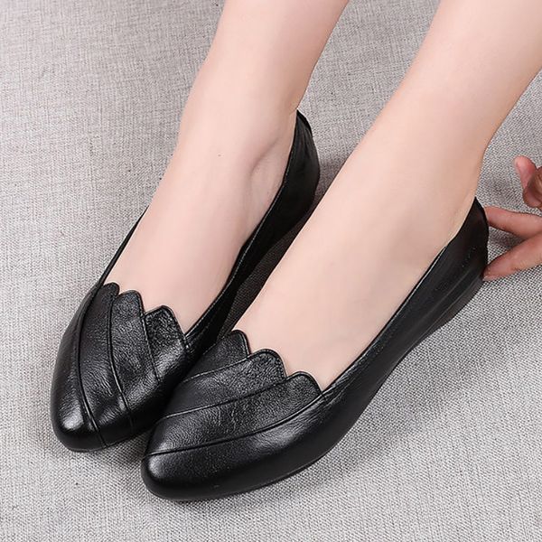 

large size 35-43 ladies genuine leather flats women spring shoes 2020 high quelity woman leather loafers, Black