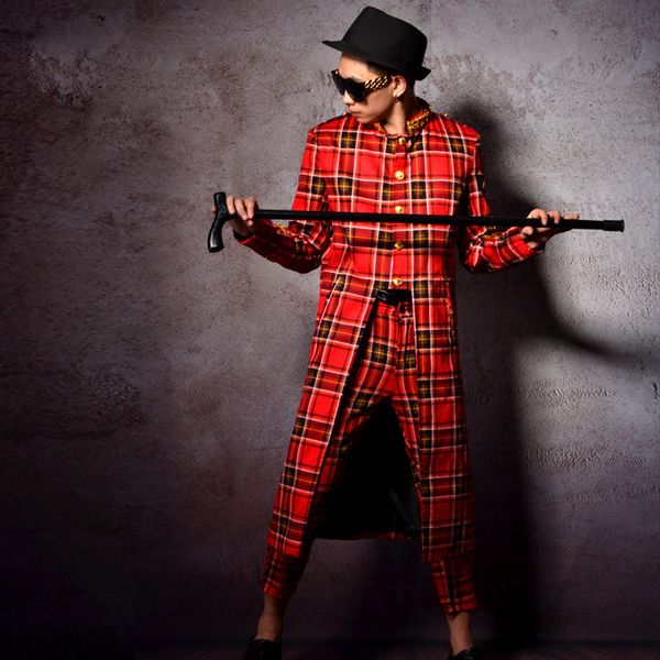 

men scottish plaid long blazers suits 2 sets (jacket+pant) male fashion show coat nightclub dj singer performance costumes, White;black