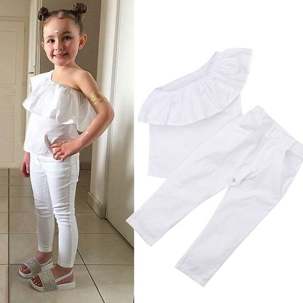 

designer tracksuits baby girls hollowen outfit strapless ruffles kids boy girls 2 pieces set t shirt + pant baby kids clothing sets, White
