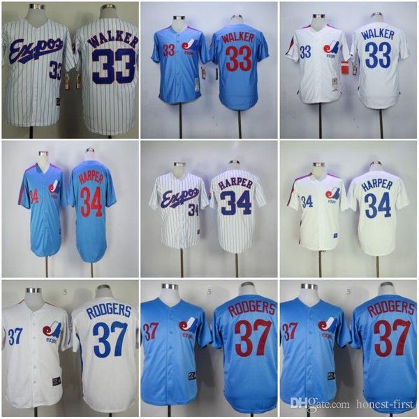 

Cheap EXPOSs news 33# WALKER 34# HARPER 37# RODGERS White Light Blue Retro Baseball News Shirt Stitched