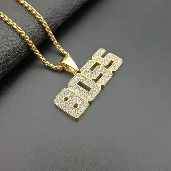 

hip hop bling iced out rhinestone gold stainless steel boss letter pendant necklace for men rapper jewelry drop shipping, Silver