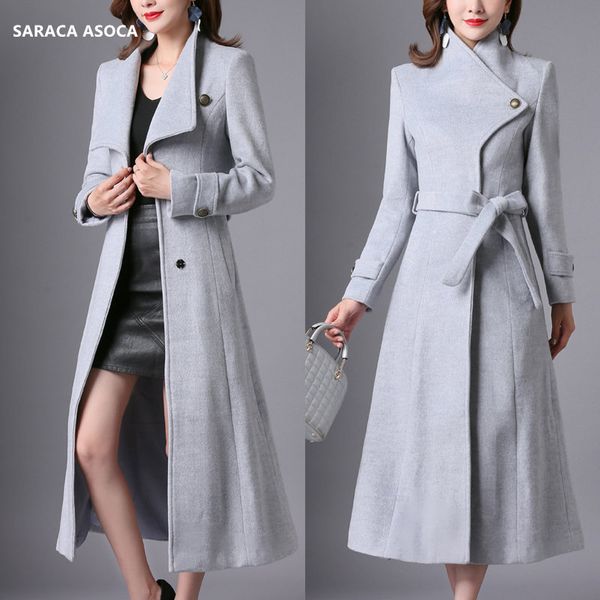

autumn winter mandarin collar slim long gray overcoat women single button outerwear office lady, Black