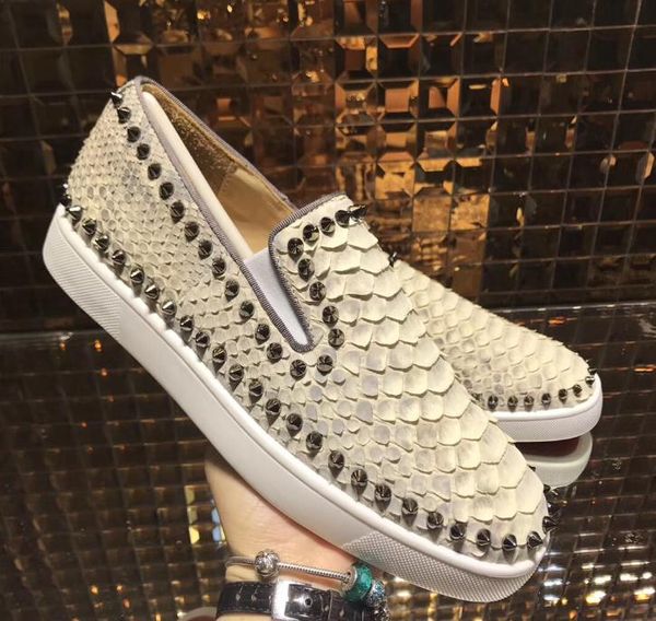 

designer shoes men slip on shoes red bottom shoes pik boat roller-boat loafers flats fish scales genuine leather spiked low cut flat spike, Black